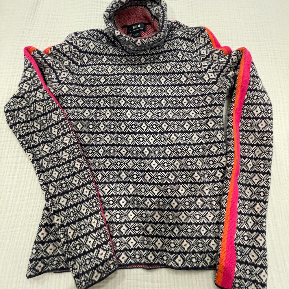 Maeve Black and White Patterned Sweater with Pink and Orange Accents